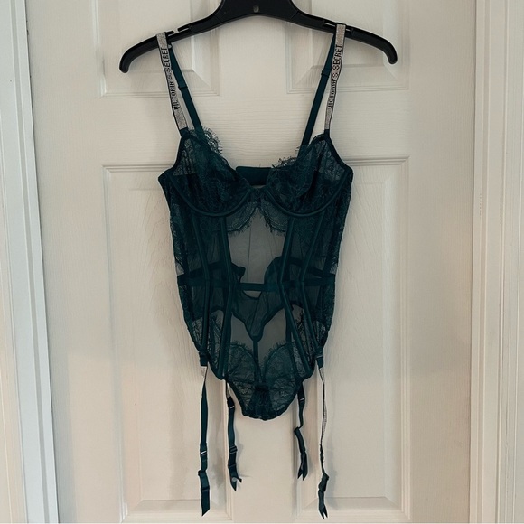 New! Victoria's Secret Green Lingerie Shine Strap Lace Teddy Garter 22864 - Picture 2 of 10